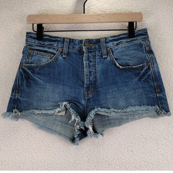 Free People‎ Denim Cutoff Shorts Blue Frayed Hem Button Fly Women Size 25 - Picture 11 of 13